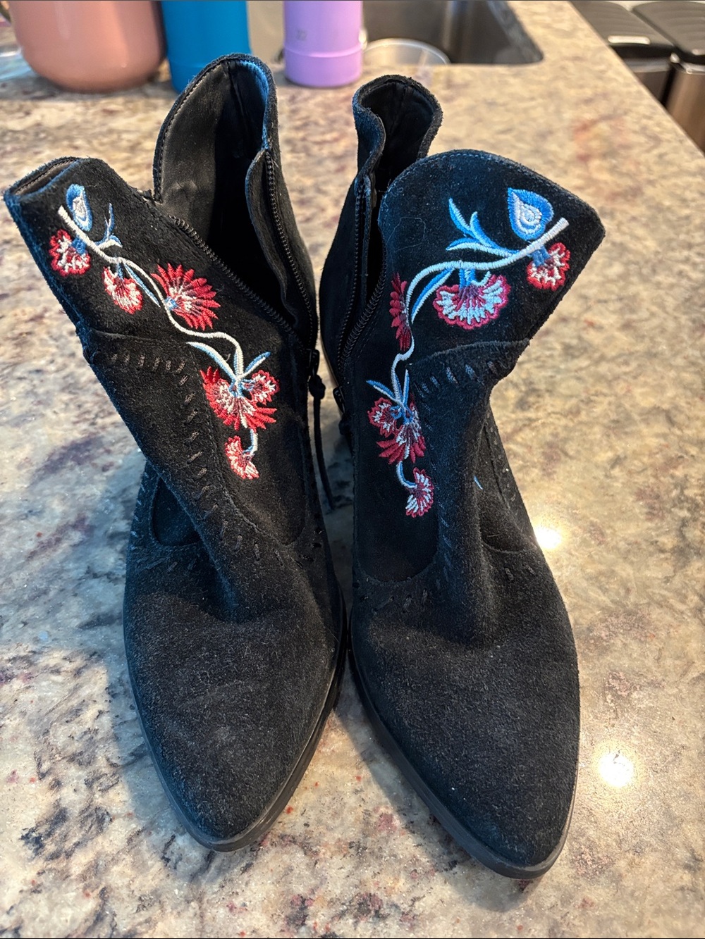 Black Suede Embroidered Western Ankle Boots - Floral Detail